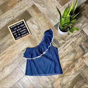 Ruffle Chambray Pokla Dot One Shoulder Top